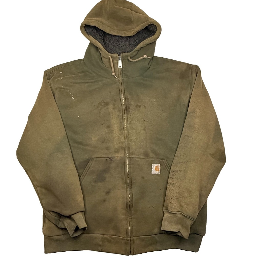 Carhartt Men L Hoodie Green Full Zip Sherpa Lined Workwear 100072 Faded